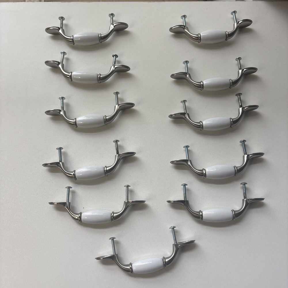 Vintage White Ceramic Porcelain Chrome Silver Metal Cabinet Pull Handles Set/11